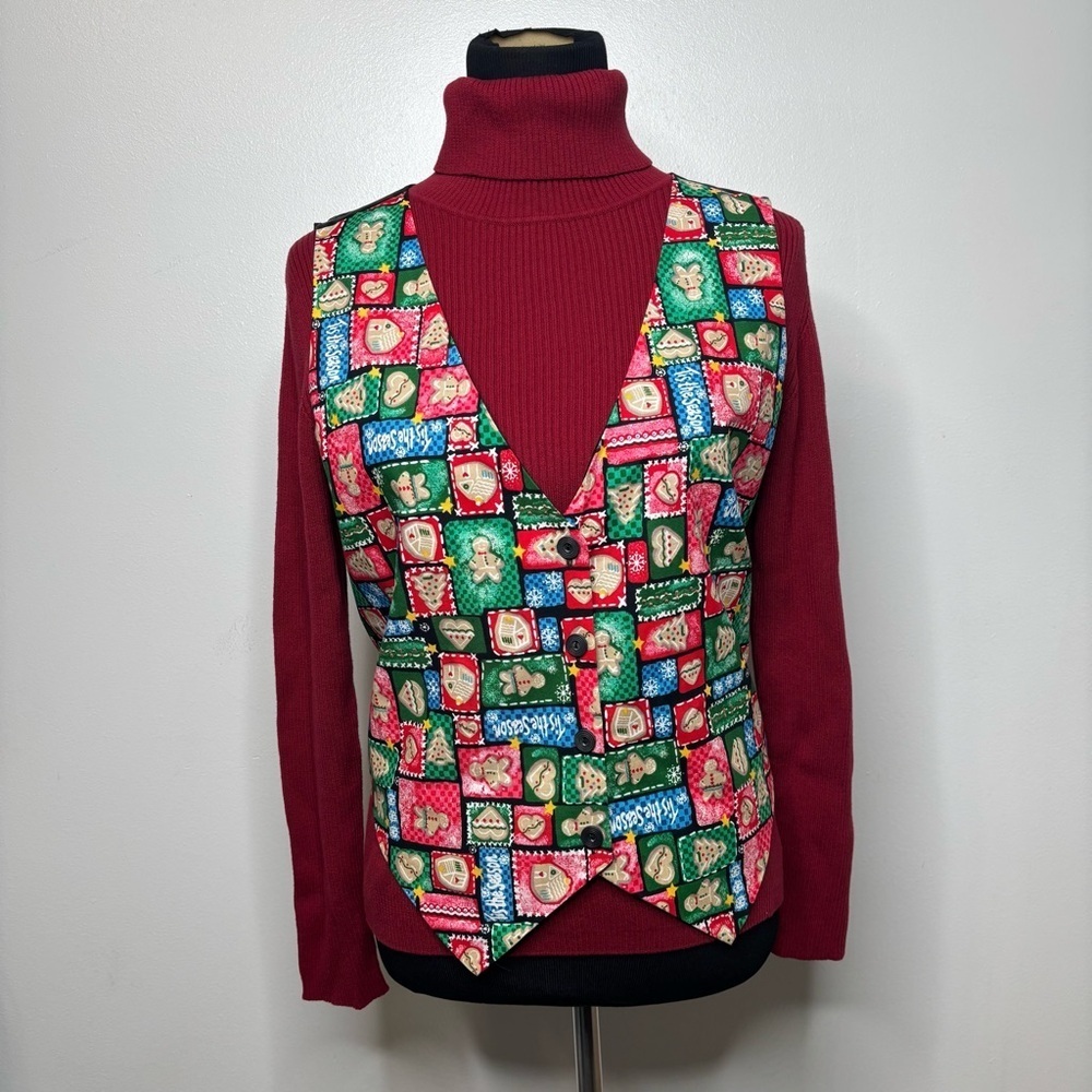 Basic Editions Holiday Vest Women’s Small Christmas Gingerbread Cookie Patchwork